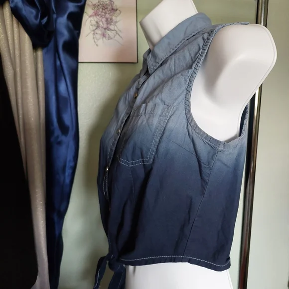 💜 Wallflower Blue Chambray Ombre Dye Sleeveless Button Down Tie Top, Size M - Picture 4 of 7